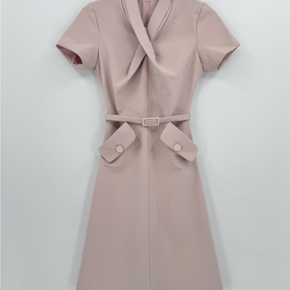 White Plan Helly Drap Pink A-Line Dress Belted Pocket Twist Front Size S - Picture 11 of 13